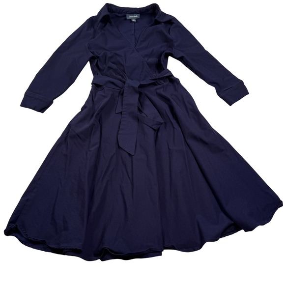 Modcloth Dresses & Skirts - Modcloth Wrap Midi Dress Women Medium Navy Blue Collared Retro Flared Academia